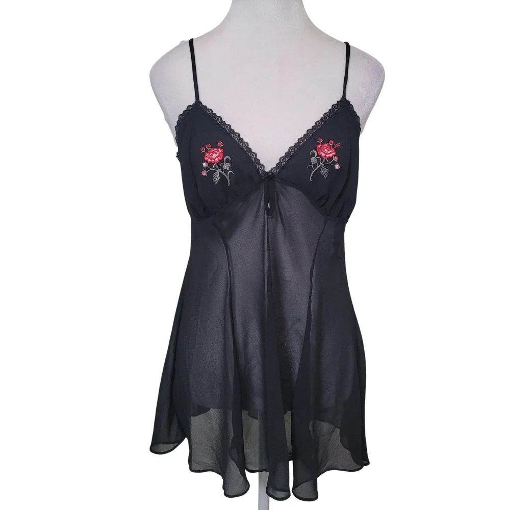 Gilligan O'Malley Small Black Rose Embroidered Sheer Mesh Babydoll Lingerie Lace